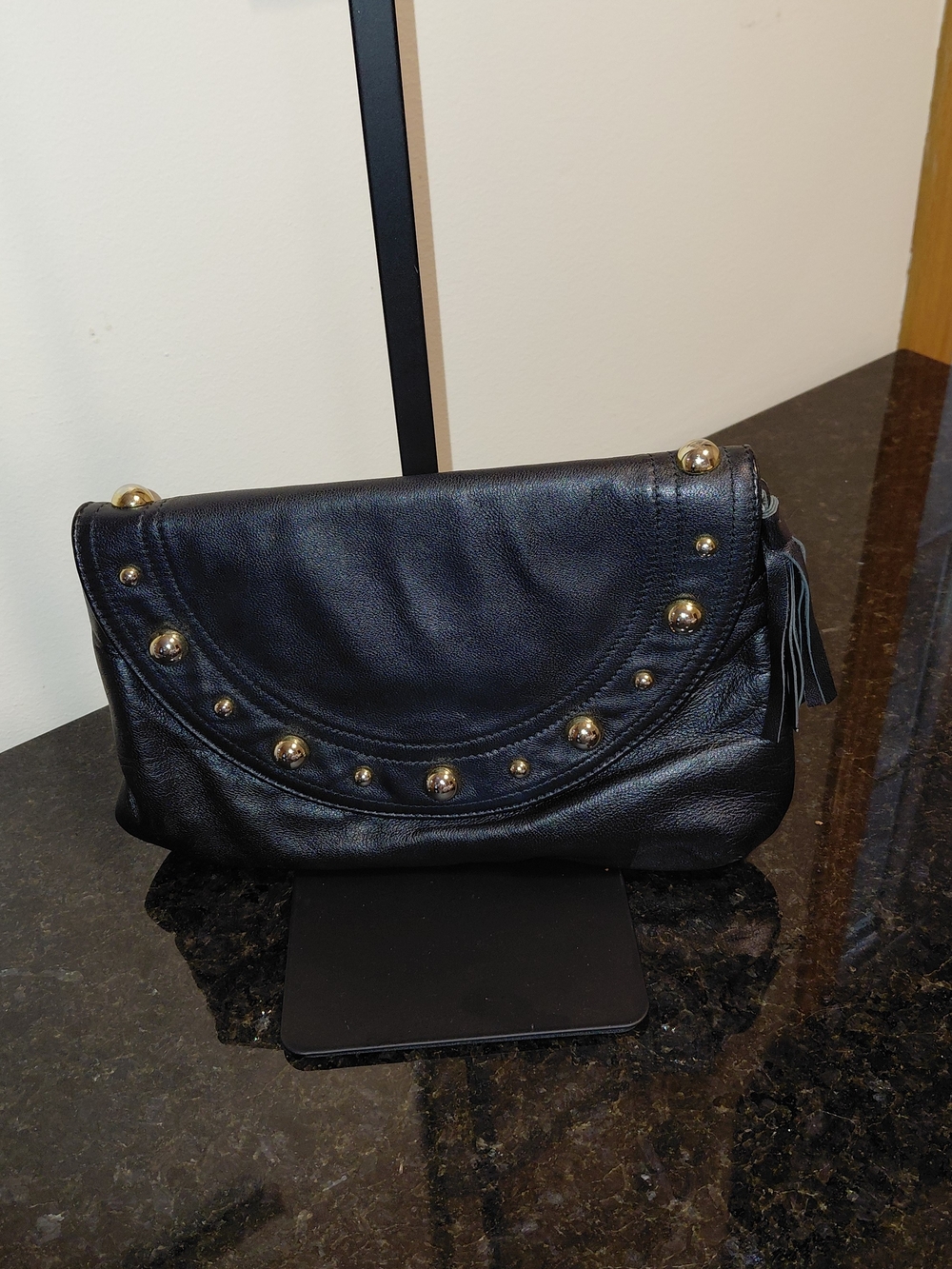 Goldenbleu Y2K Black Leather Clutch with Gold Stud Accents VGVC!